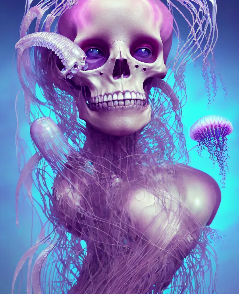 Image similar to goddess close - up portrait human skeleton, ram skull, jellyfish, orchid, betta fish, bioluminiscent, intricate artwork by tooth wu and wlop and beeple. octane render, trending on artstation, greg rutkowski very coherent symmetrical artwork. cinematic, hyper realism, high detail, octane render, 8 k