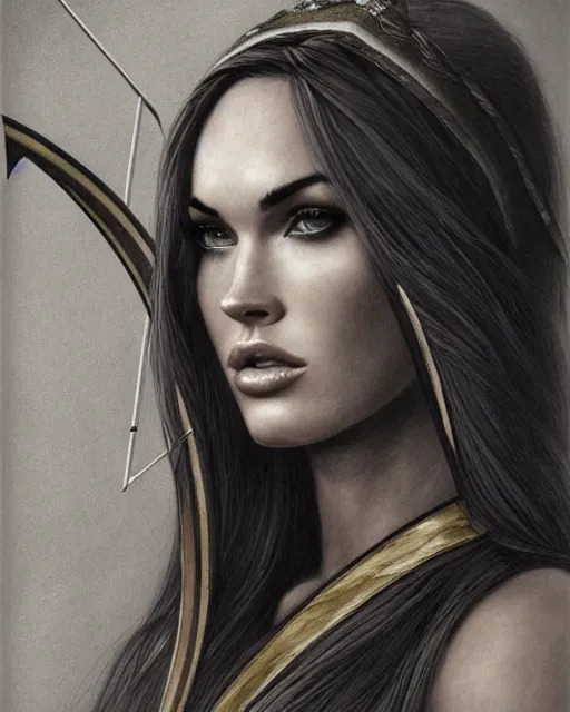 Image similar to portrait of beautiful megan fox as greek goddess aphrodite, archer, arrow on the head, beautiful piercing eyes, flowing blonde hair, realistic face, black and white drawing, in the style of greg rutkowski, fantasy, amazing detail, epic, intricate, elegant, smooth, sharp focus