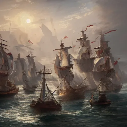 Image similar to medieval naval battle in the cup of tea, extremely high detail, photo realistic, cinematic, post processed, concept art, artstation, matte painting, style by Raphael Lacoste, Eddie Mendoza