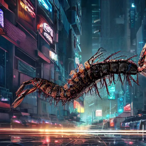 Image similar to a giant terrifying cyber shrimp destroying a dystopian city, cyberpunk, dystopian, god, evil, villain, sharp focus, dynamic lights, still, photograph, hyper realistic, masterpiece, octane render, rendered, 3 d, cinematic, cinematic lighting, dramatic lighting, highly detailed, intricate details, texture, cinematic composition, by donglu yu and kevin jick and eddie del rio