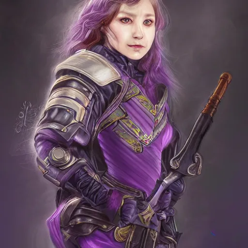 Image similar to portrait of a female halfling sorcerer by ayami kojima, she is about 2 0 years old, purple hair, leadership vibes, she is wearing a modern tactical gear, scifi, highly detailed portrait, digital painting, artstation, concept art, smooth, sharp foccus ilustration, artstation hq