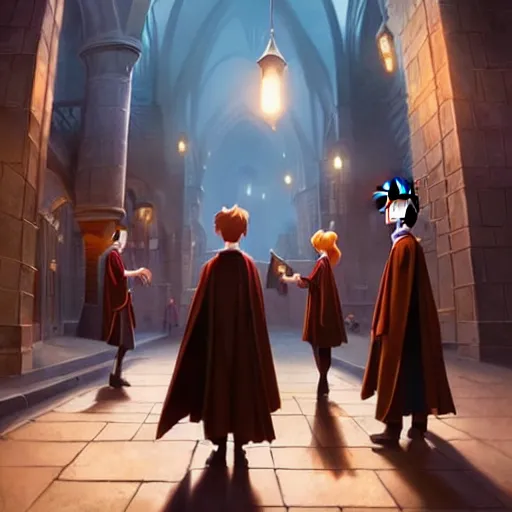 Prompt: a wholesome animation key shot of harry potter students, pixar and disney animation, sharp, very detailed, high resolution, rendered in unreal engine 5, key art by greg rutkowski, bloom, dramatic lighting