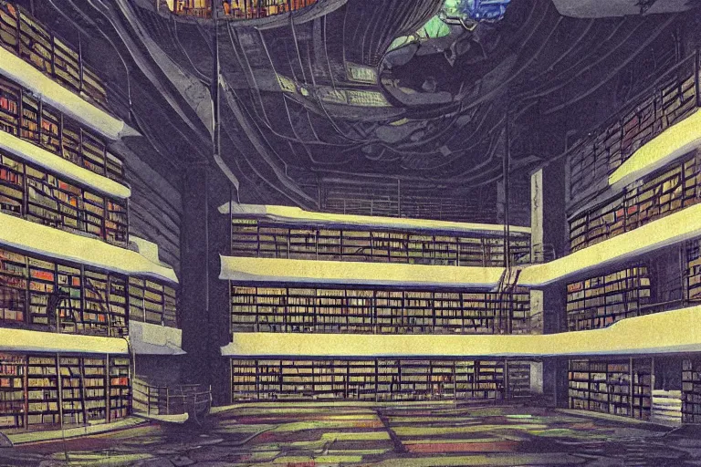 Prompt: Klementinum National Library. Cavernous. Floating platforms. in cyberpunk style by Vincent Di Fate