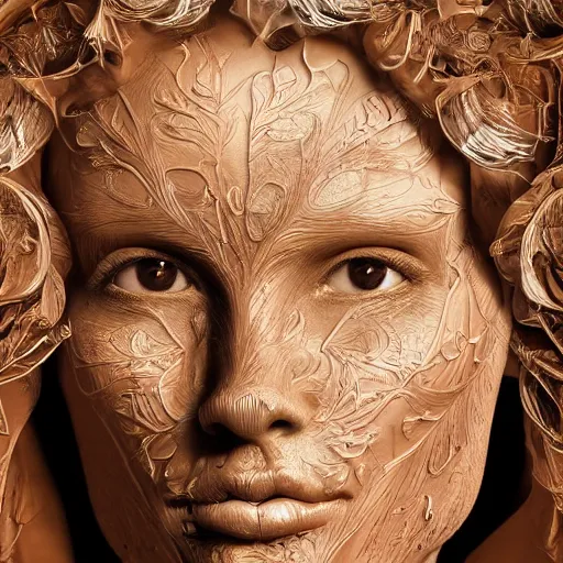 Image similar to beatifull face portrait of a woman, 150 mm, anatomical, flesh, flowers, mandelbrot fractal, facial muscles, veins, arteries, intricate, golden ratio, full frame, microscopic, elegant, highly detailed, ornate, ornament, sculpture, elegant , luxury, beautifully lit, ray trace, unreal, 3d, PBR, in the style of peter Gric , alex grey and Romero Ressendi