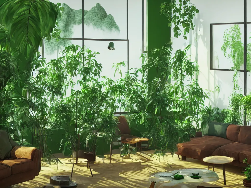 Image similar to comfy green living room with many plants, complicated liminal interior, Lynchian, unsettling, dreamlike with vapor clouds and painting by Henri Rousseau, 3D render by Beeple and Barry Chuckle, layered, parallax effect