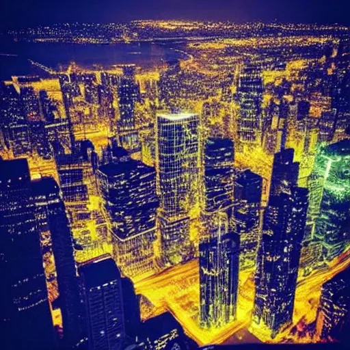 Prompt: city at night viewed from above, instagram contest winner, glowing lights, vivid colors, circuitry