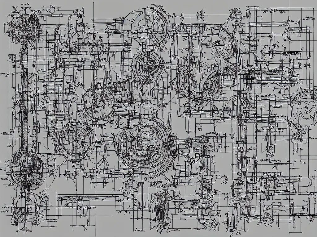 Prompt: engineering schematics of a mechanical grandmother head, blueprint, complex, precise, intricate, detailed, engineering plans, technical book page