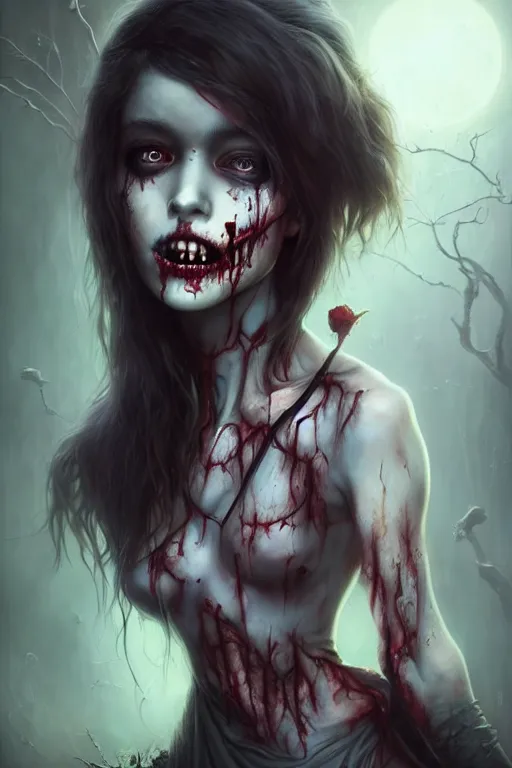 Image similar to a hauntingly beautiful zombie girl, painted by artgerm and tom bagshaw, fantasy art, dramatic lighting, highly detailed digital art