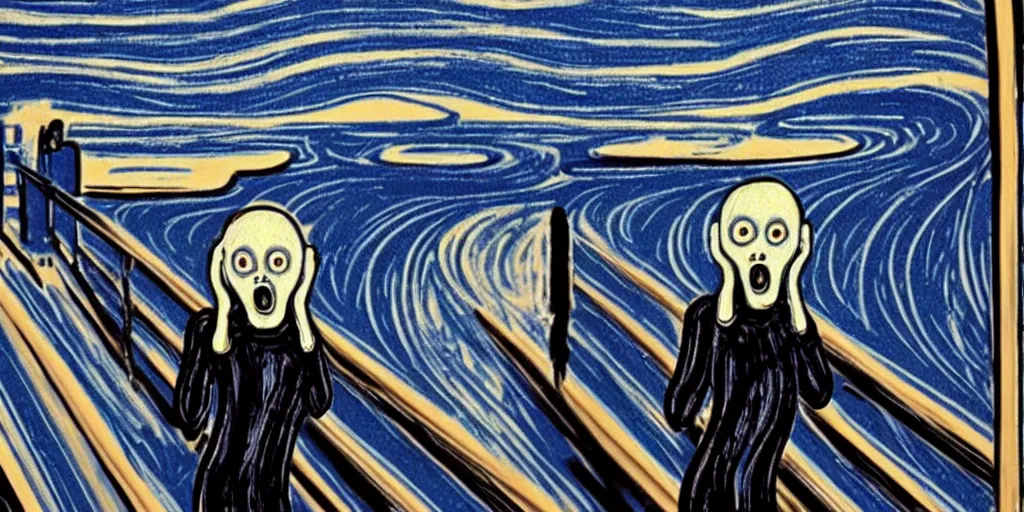 Image similar to The Scream painting with robot inspired by black widow by white night on art station