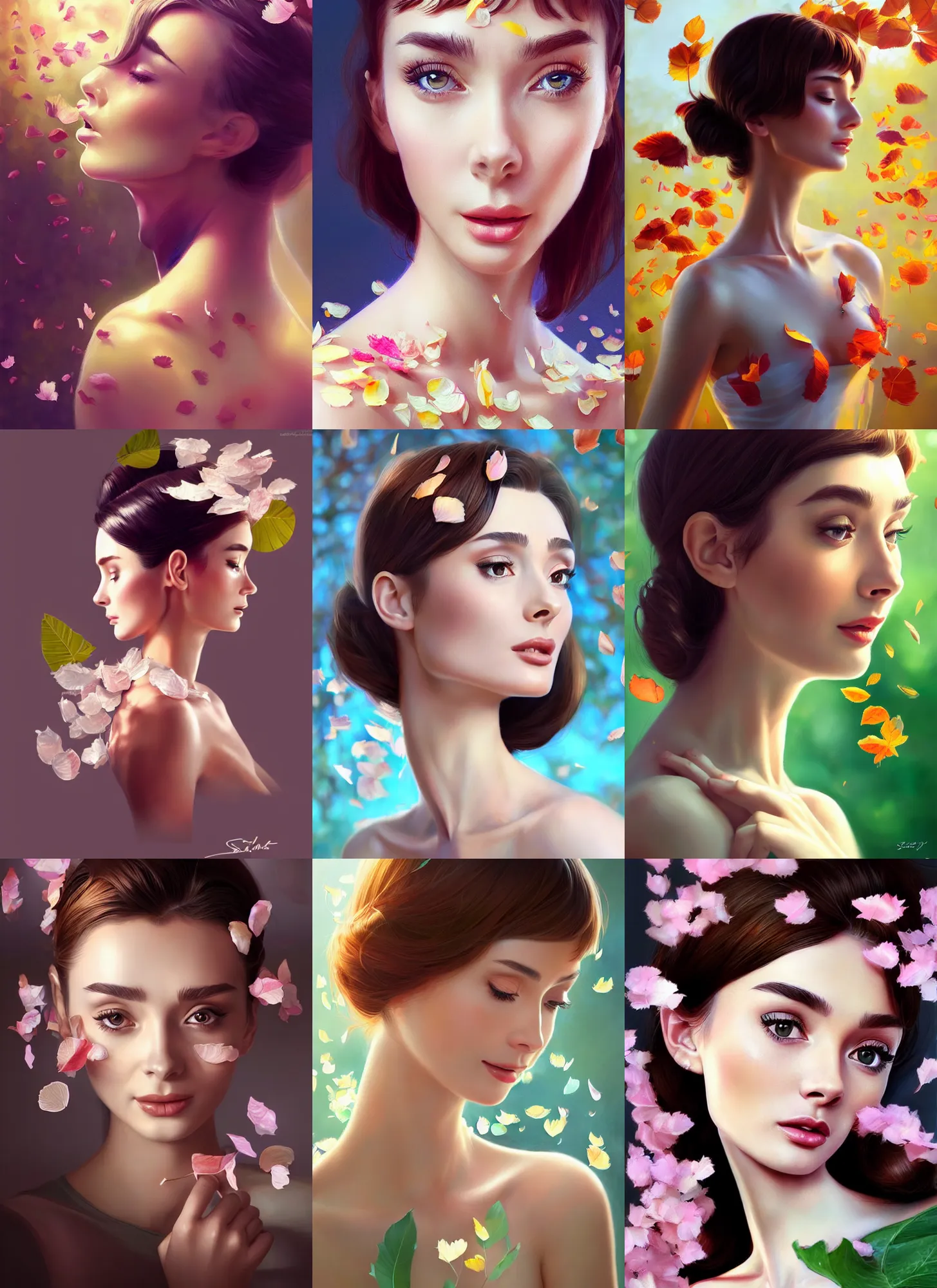 Prompt: gorgeous female covered in translucent leaf and petals in the style of stefan kostic, cute - fine - face, audrey hepburn, backlit, refracted lighting, elegant, half body shot, 8 k, insanely detailed, intricate, art by stanley lau, artgerm, wlop, kuvshinov ilya,