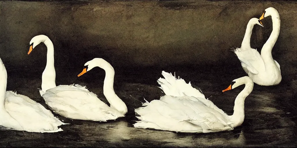 Image similar to three swans,all mixed together, melted. feathers. dark atmosphere, dark space. messy image. by andrew wyeth, jenny saville and nicola samori