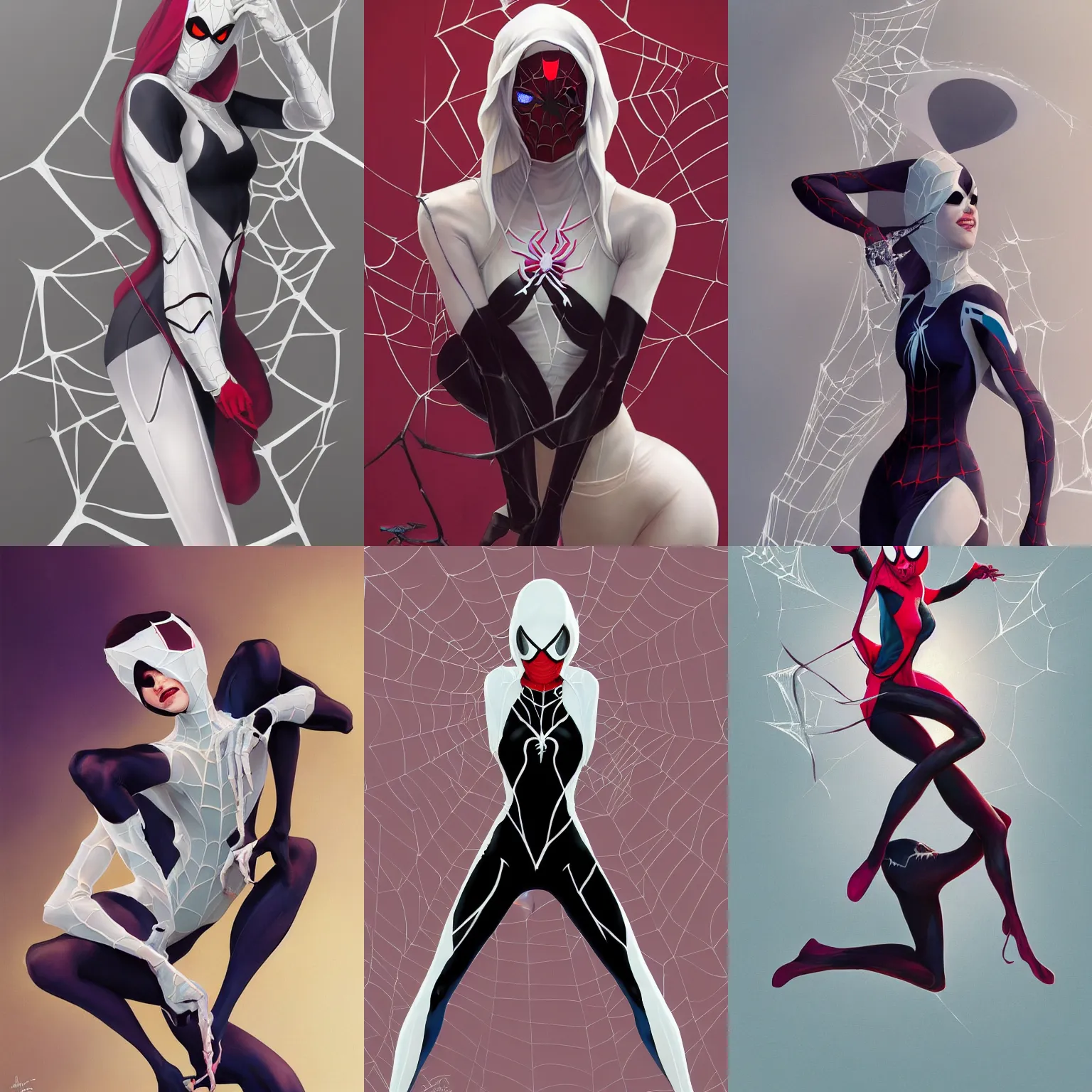 Prompt: spider gwen on white background, intricate, highly detailed, digital painting, artstation, concept art, smooth, sharp focus, illustration, art by norman rockwell emiliano ponzi andrey remnev yoann lossel aaron jasinski, 8 k