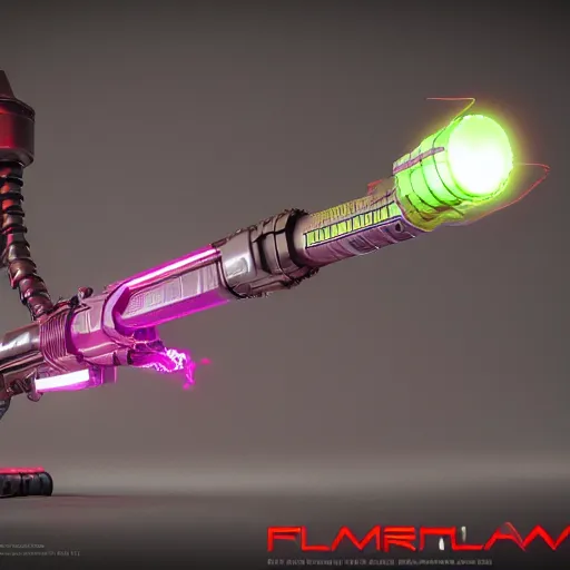 Image similar to plasma flamethrower, neon, cyberpunk, 3 d render, octane, ray tracing, ultra high resolution, ultra detailed, photorealistic