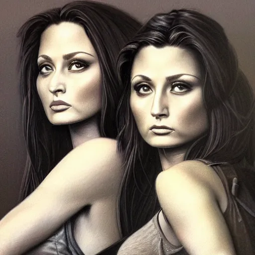 Image similar to pencil art, detailed portrait of aly and aj, intricate, hyper detailed, realistic, oil painting, by julie bell, frank frazetta, cinematic lighting