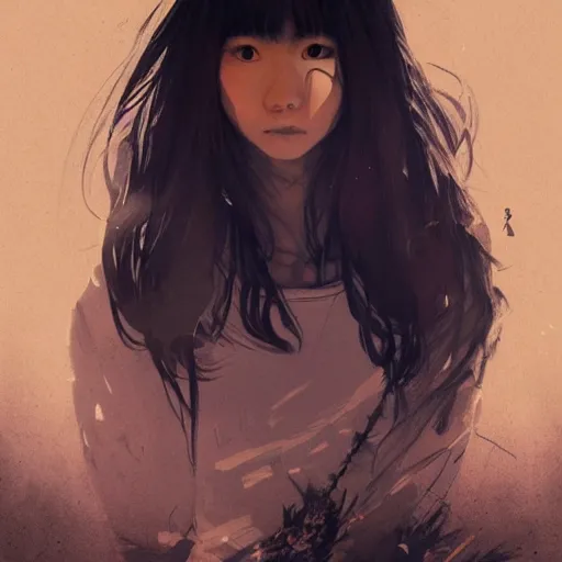 Image similar to full body portrait of a korean schoolgirl with long hair and bangs, her arms are splitting into roots, dramatic lighting, illustration by Greg rutkowski, yoji shinkawa, 4k, digital art, concept art, trending on artstation