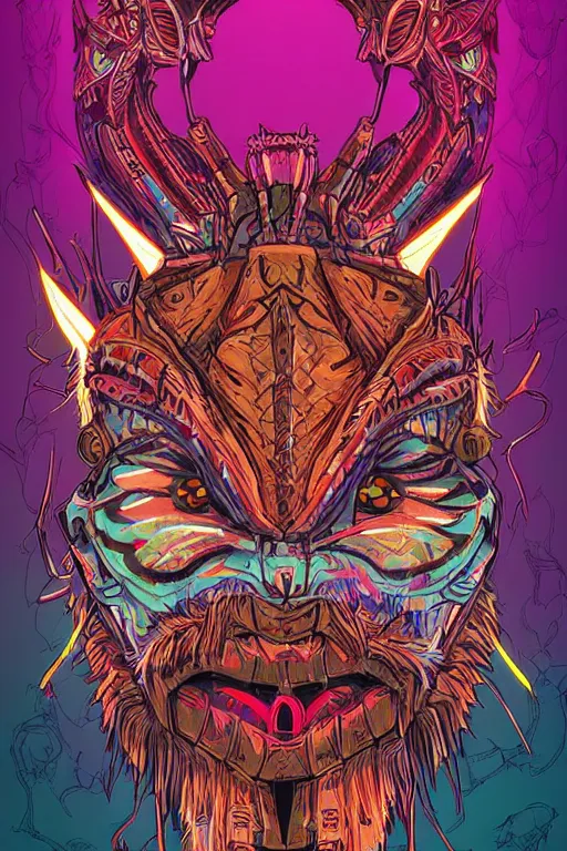 Image similar to totem animal tribal chaman vodoo mask feather gemstone plant video game illustration vivid color borderlands by josan gonzales and dan mumford radiating a glowing aura