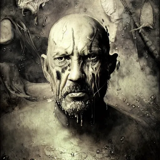 Image similar to wet collodion photography of innsmouth dweller mutant early xx century fisherman sailor old man with gills and scales creatures from the deep ocean by emil melmoth zdzislaw beksinki craig mullins yoji shinkawa realistic render ominous detailed photo atmospheric by jeremy mann francis bacon and agnes cecile ink drips paint smears digital glitches glitchart