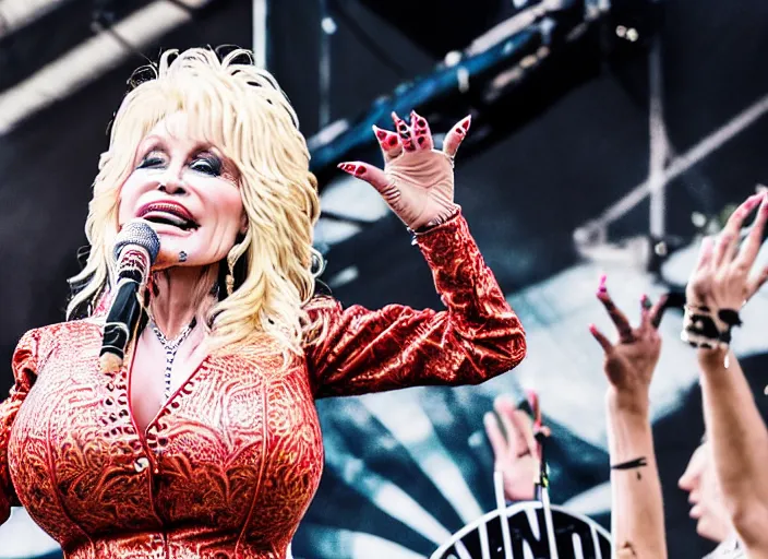 Image similar to photo still of dolly parton at the vans warped tour 2 0 1 8!!!!!!!! at age 3 6 years old 3 6 years of age!!!!!!!! stage diving into the crows, 8 k, 8 5 mm f 1. 8, studio lighting, rim light, right side key light