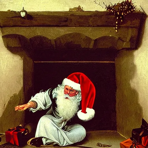 Prompt: Father Christmas stuck in a chimney. Painted by Caravaggio