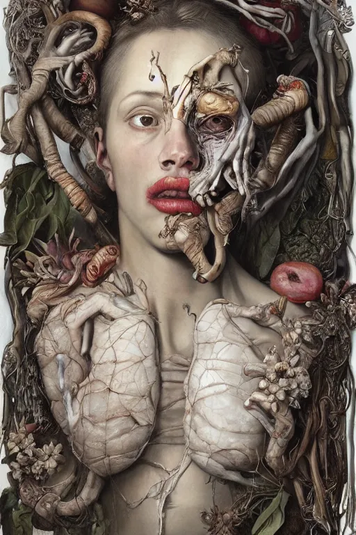 Prompt: Detailed maximalist portrait of a greek god with large lips and eyes, scared expression, botanical skeletal with extra flesh, HD mixed media, 3D collage, highly detailed and intricate, surreal illustration in the style of Jenny Saville, dark art, baroque, centred in image