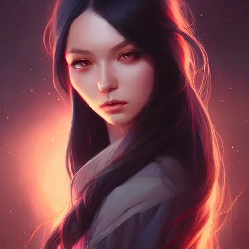 Prompt: a beautiful girl with long black hair, fantasy, portrait, sharp focus, intricate, elegant, digital painting, artstation, matte, highly detailed, concept art, illustration, ambient lighting, art by Rossdraws, artgerm, and Greg Rutkowski