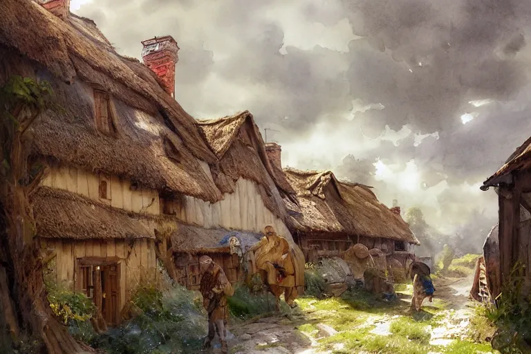 Image similar to watercolor painting of rural rustic fortess village street, medieval straw roof, scandinavian mythology, ambient lighting, art by hans dahl, by jesper ejsing, art by anders zorn, wonderful masterpiece by greg rutkowski, cinematic light, american romanticism by greg manchess, creation by tyler edlin