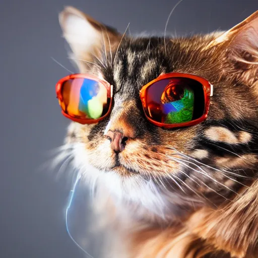 Prompt: award winning long haired tortoise shell cat shooting lasers from her sunglasses while jumping