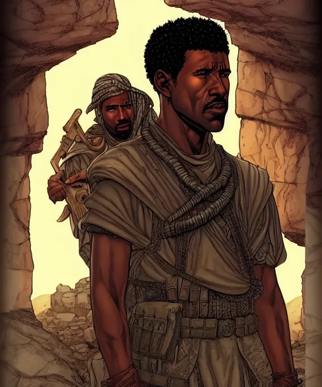 Image similar to a ( fantasy comic ) ( cover art ) portrait of a bedouin soldier who looks like ( denzel washington ), digital illustration by jenny frison and sana takeda and kentaro miura, fine inking lines, vivid colors, dnd, highly detailed!, hd, 4 k, trending on artstation