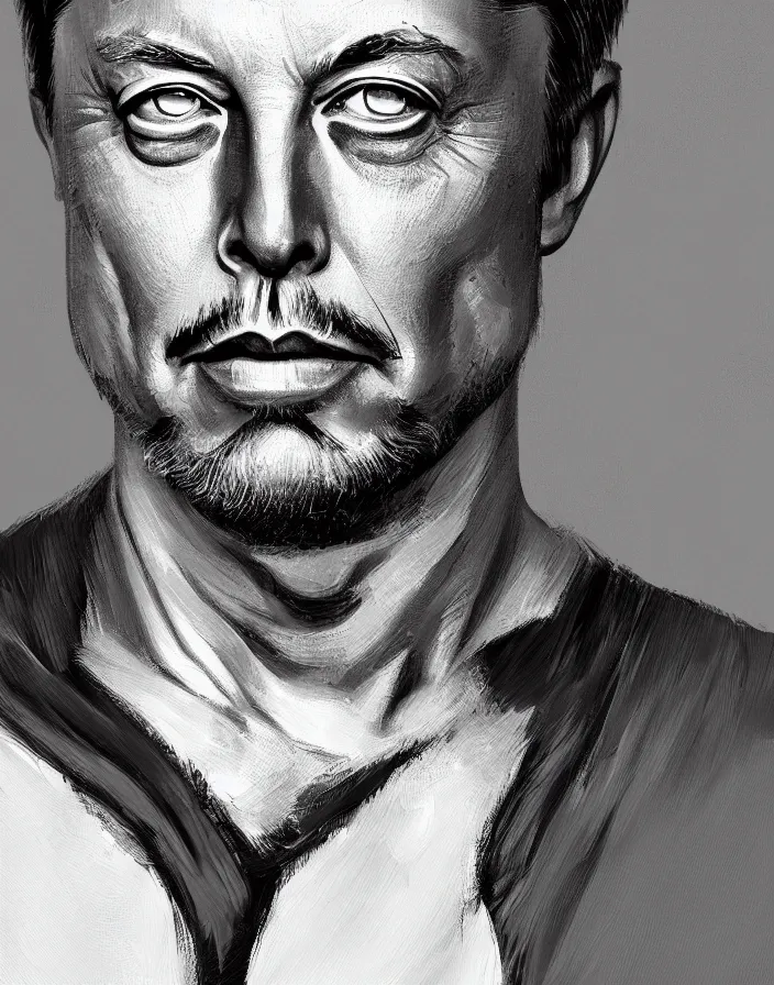 Image similar to painted portrait of rugged elon musk, asymmetrical, god of thunder, greek god, white hair, masculine, mature, handsome, upper body, muscular, hairy torso, fantasy, intricate, elegant, highly detailed, digital painting, artstation, concept art, smooth, sharp focus, illustration, art by steven zabata