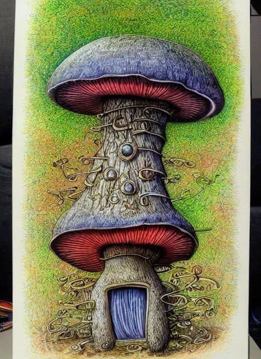 Image similar to a hybrid between a mushroom and a house,, insanely detailed, studio light, patrick woodroffe, colored pencil