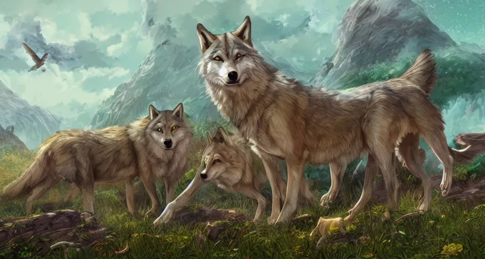 Prompt: wolves and their treasures - astral landscape, trending on artstation, illustration, digital painting, highly detailed render by studio ghibli