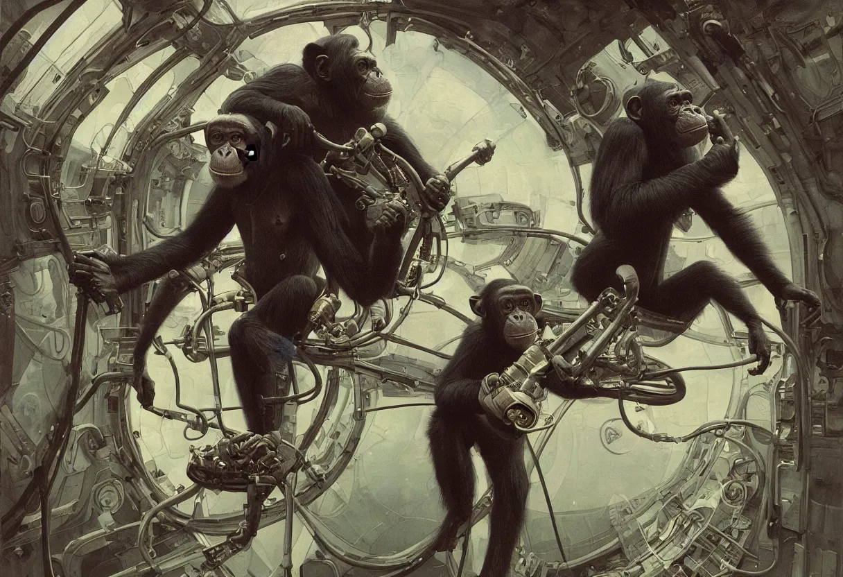 Image similar to a chimpanzee in an astronaut suit drinking a beer while floating in space, by daniel - by greg rutkowski and raymond swanland hr giger and zdzislaw beksinski and alphonse mucha and moebius, matte painting, hyperdetailed, symmetry, art nouveau, beautiful render, concept art