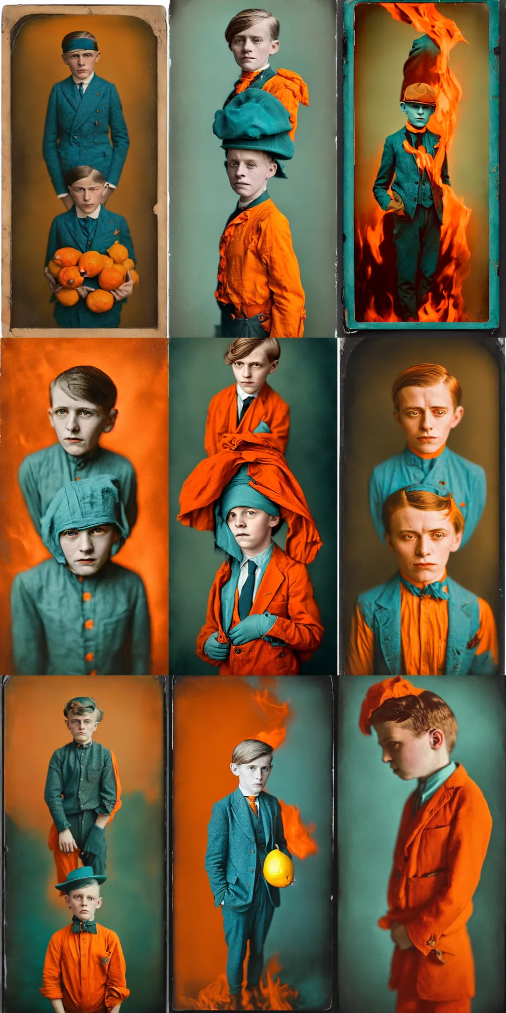 Image similar to kodak portra 4 0 0, wetplate, 8 k, shot of a highly detailed, britt marling style, colour still - life portrait of a lemon looks like a handsome 8 year old boy in hell fire storm, 1 9 2 0 s cloth, 1 9 2 0 s hair, teal and orange, muted coloures