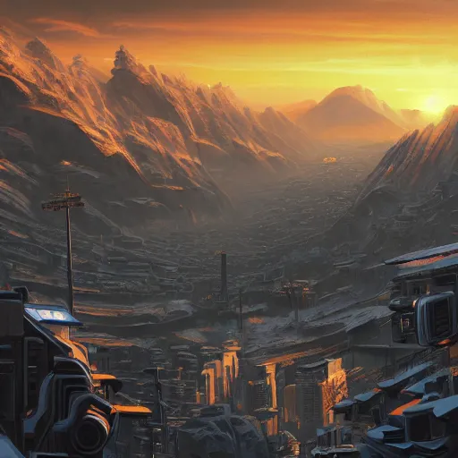 Prompt: beautiful sunset over detailed cyberpunk suburb in a valley surrounded by epic mountains with snowtops, sharp, highly detailed, oil on canvas, kacper niepokolczycki, syd mead, 4 k, perfect geometry