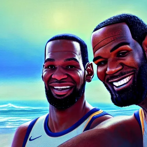 Image similar to beautiful serene intricate portrait of kevin durant and lebron james taking a selfie, smiling softly, relaxing on the beach, golden hour, soft focus, 8 k, art by irakli nadar, hyperrealism, hyperdetailed, ultra realistic