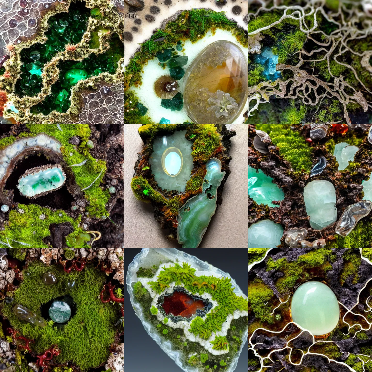 Prompt: close up of moss agate with various living ecosystem growing inside, insanely detailed