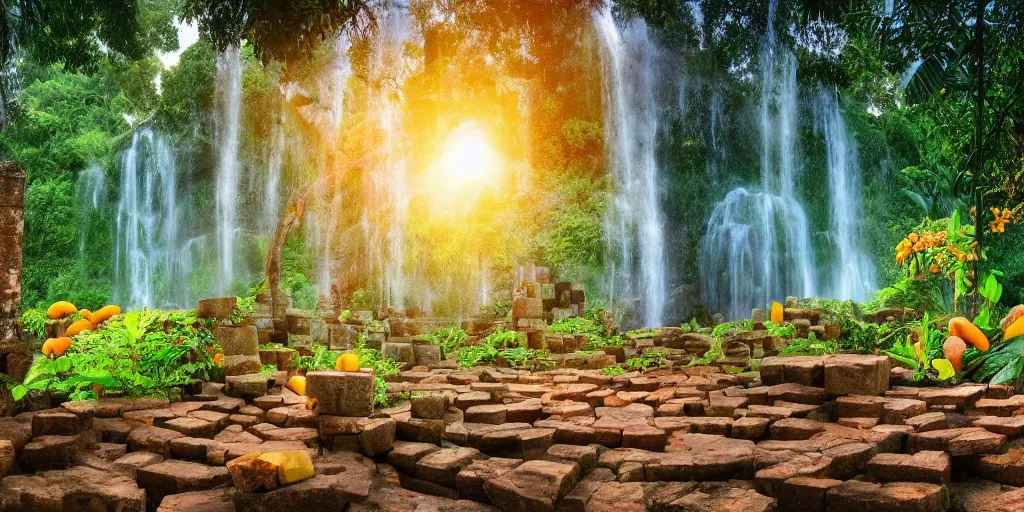 Prompt: ancient forest stone brick temple with a waterfall and colorful tropic mango trees, banana trees, orange trees, papaya trees, sunset, high definition, high detail, photorealisitc, 8k,