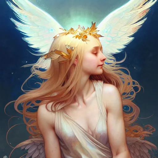 Image similar to An angelic girl with blonde hair, glowing halo, huge highly detailed wings, surrounded by foxes, fantasy, intricate, elegant, highly detailed, digital painting, artstation, concept art, smooth, sharp focus, illustration, art by Krenz Cushart and Artem Demura and alphonse mucha