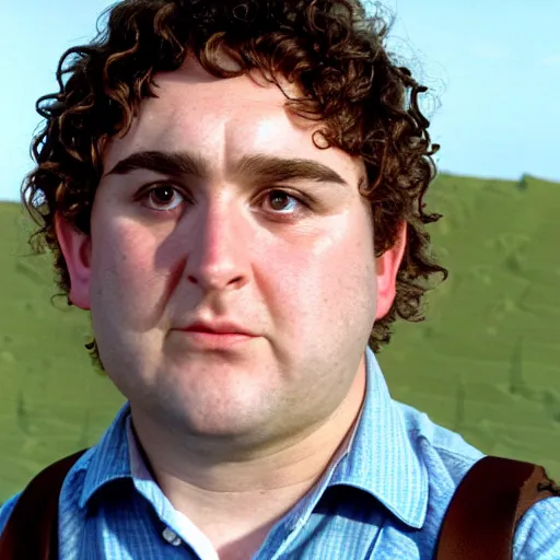 Prompt: close up headshot of a frowning clean shaven pudgy British lad with short curly dark brown hair as a hobbit wearing a white men's crossbody sling chest bag and blue vest, blue vest!! white crossbody chestbag!! high resolution film still, movie by Peter Jackson