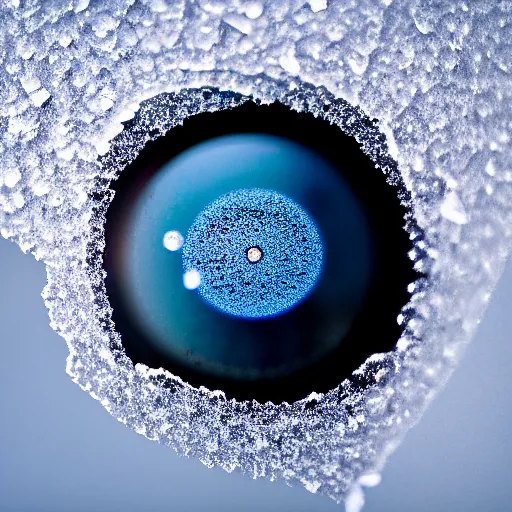 Image similar to a transparent sheet of intact frosted ice, with a refracted eye behind it, XF IQ4, f/1.4, ISO 200, 1/160s, 8K, RAW, unedited, symmetrical balance, in-frame