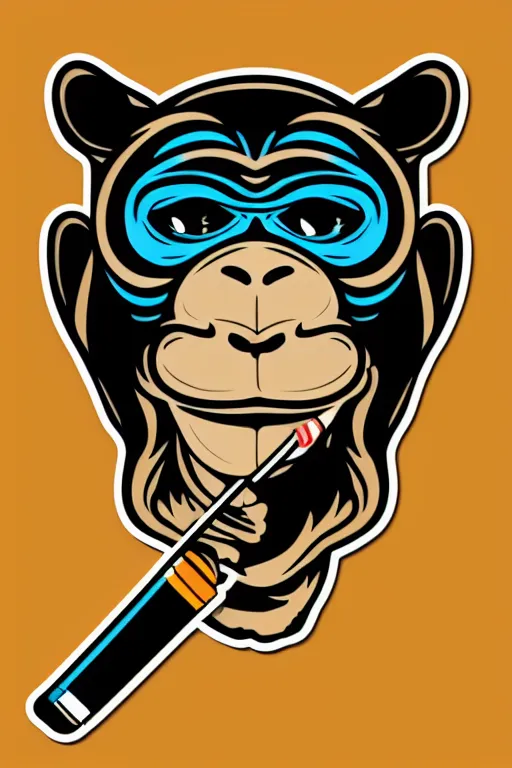 Prompt: Portrait of a Monkey with a cigarette, sticker, colorful, illustration, highly detailed, simple, smooth and clean vector curves, no jagged lines, vector art, smooth