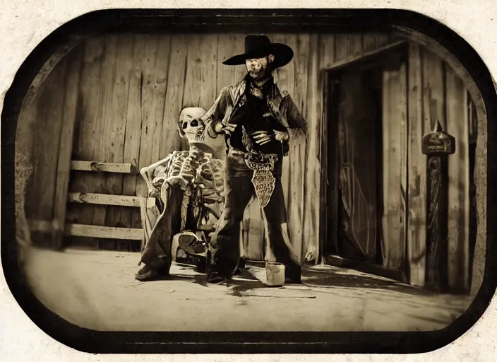 Prompt: hybrid pixar tintype photograph of an renegade skeleton cowboy outlaw at a busy saloon in the old west, alcohol, old player piano, wide angle, volumetric lighting, cinematic, bokeh, octane render