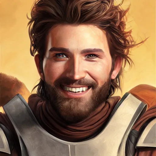 Prompt: Portrait of a man with brown hair and beard smiling in Mandalorian armor, digital art, realistic, artstation, detailed