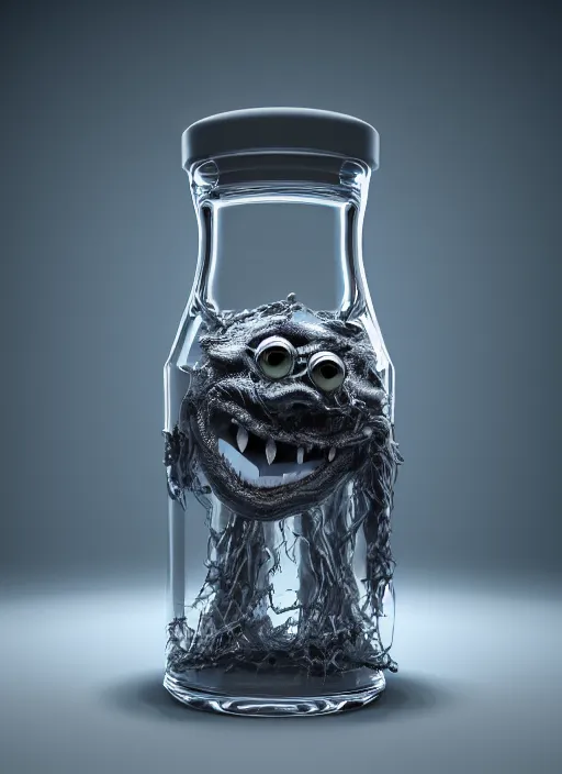Prompt: magic glass flasks anthropomorphic monster with small sharp teeth inside, realistic, intricate, rendered in octane caustics subsurface scattering render 8 k