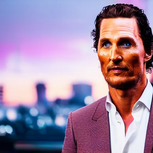Image similar to a still of Matthew Mcconaughey . Shallow depth of field. City at night in background, lights, colors ,studio lighting, mood, 4K. Profession photography