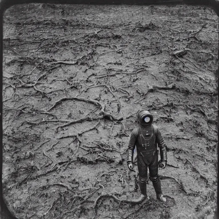 Image similar to A daguerreotype photo of mark V deep sea diving suit standing on a WWI battlefield, mud, craters, dead trees, desolate, smoky