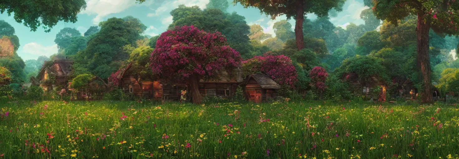 Prompt: large central crimson - black beehive in a beautiful forest meadow village landscape, flowers, happy trees, photorealistic, octane render, rtx, hdr, unreal engine, digital art widescreen 8 k, studio ghibli, bob ross, pixar, bee movie, disney