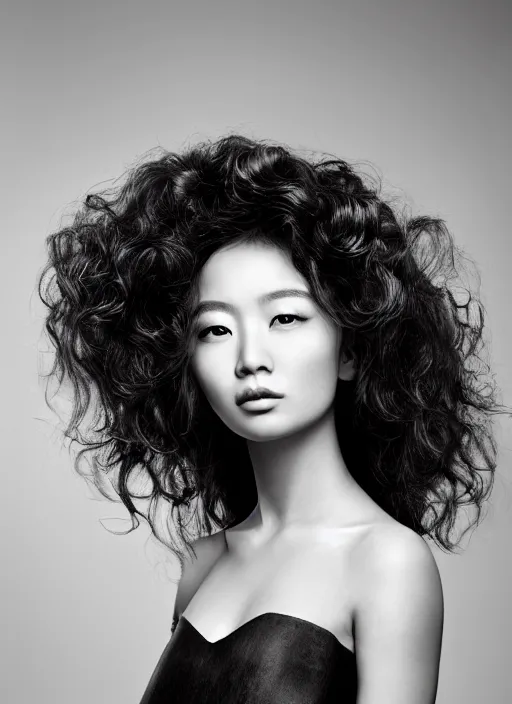 Prompt: a portrait of a stunning asian woman by justin ridler, beautiful, elegant, big curly hair, irakli nadar,