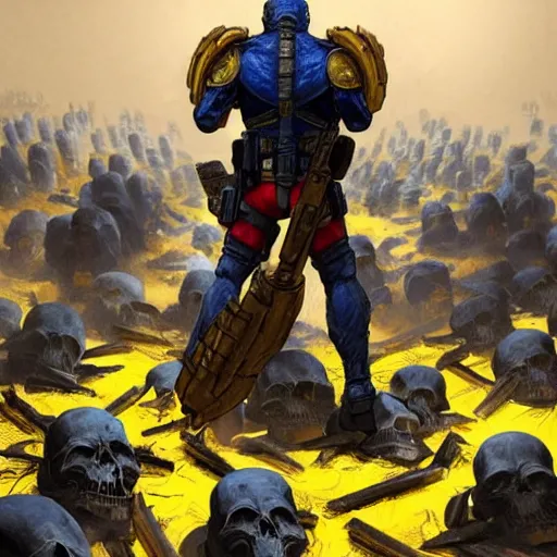 Image similar to a full body shot from distance from behind of a super soldier with a yellow and blue flag standing on a huge pile of skulls in triumph after battle, western, D&D, fantasy, intricate, elegant, highly detailed, digital painting, artstation, concept art, matte, sharp focus, symmetrical, illustration, art by Artgerm and Greg Rutkowski and Alphonse Mucha