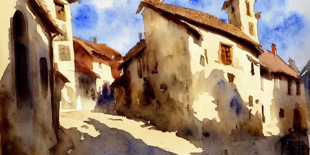 Prompt: medieval town, summer morning light, watercolor painting by john singer sargent, trending on artstation